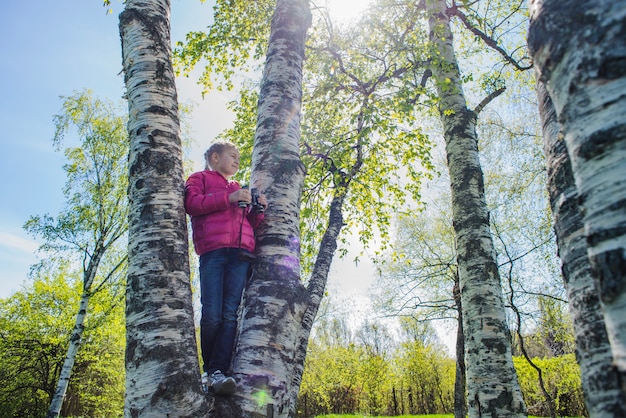 Ragazza con binocolo in un albero