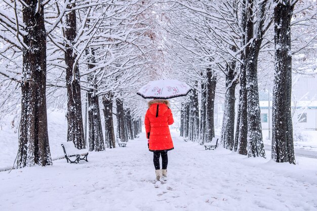 Ragazza con l'ombrello che cammina sul sentiero e gli alberi di fila. Inverno