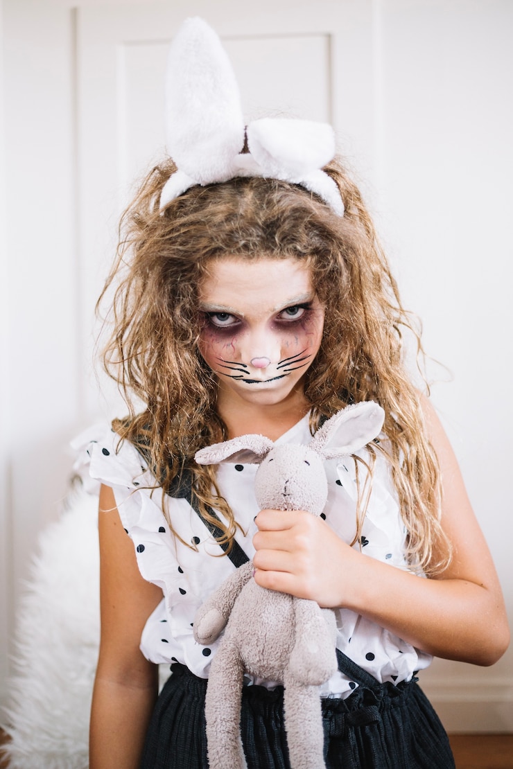 Foto gratuito ragazza creepy con orecchie e giocattolo conigli