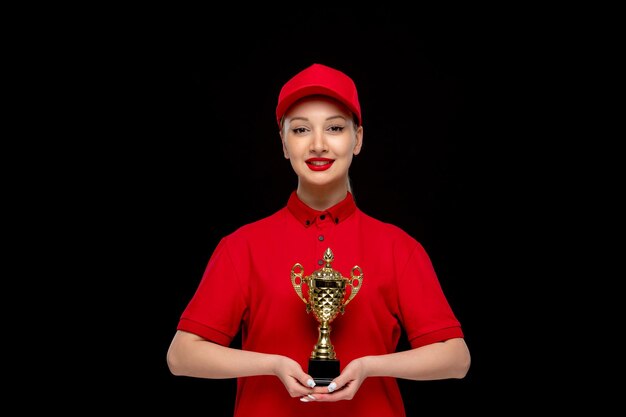 Ragazza di giorno della camicia rossa che tiene un trofeo in un berretto rosso che indossa una camicia e un rossetto luminoso