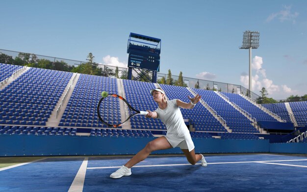 Ragazza di tennis su un campo da tennis professionale