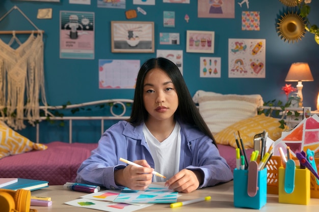 Ragazza di vista frontale che disegna a casa