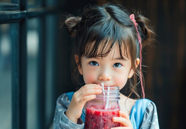 Ragazza di vista frontale con delizioso frullato