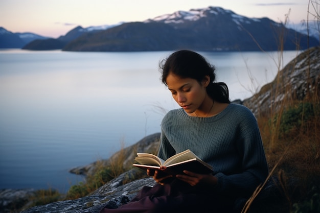 Ragazza di vista laterale che legge all'aperto