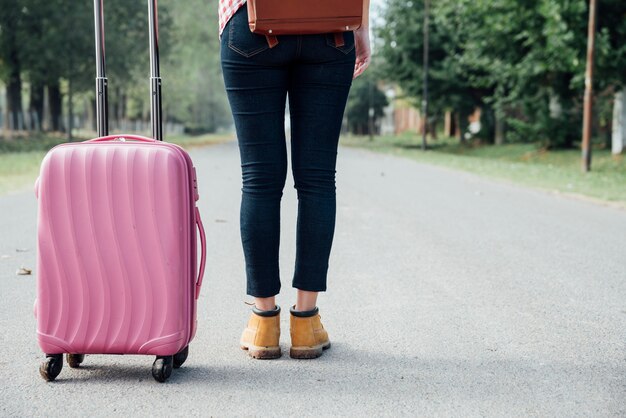 Ragazza di vista posteriore con bagagli rosa nel parco