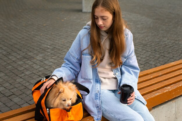 Ragazza e cane sul banco ad alto angolo