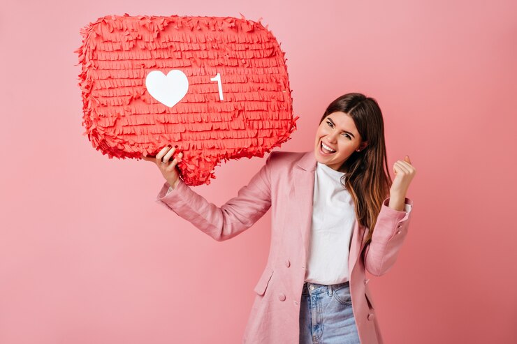 Foto gratuito ragazza emozionante che tiene come icona su sfondo rosa. studio shot di donna adorabile con segno di social network.