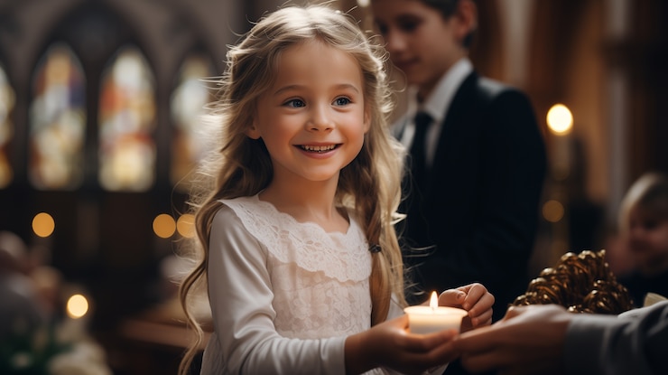 Foto gratuito ragazza in chiesa che fa la sua prima cerimonia di comunione