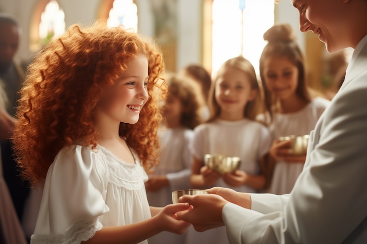 Foto gratuito ragazza in chiesa che fa la sua prima cerimonia di comunione