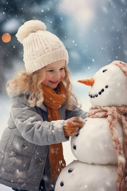 Ragazza media che fa l'uomo di neve