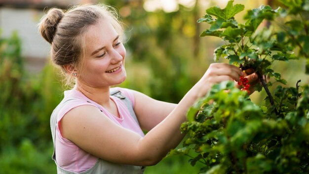 Ragazza sorridente che seleziona le bacche rosse