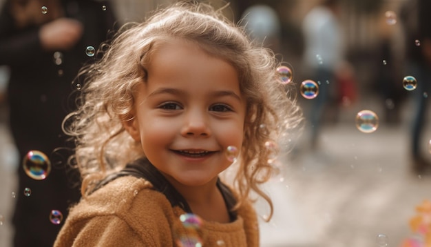 Ragazza sorridente che soffia bolle godendo di un'infanzia spensierata generata dall'intelligenza artificiale