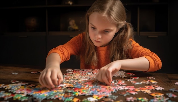 Ragazza sorridente che tiene la soluzione di concentrazione del pezzo del puzzle generata dall'intelligenza artificiale