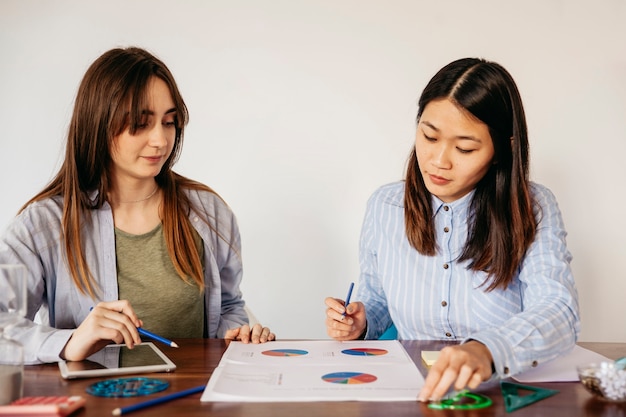 Ragazze alla ricerca di grafici sul tavolo