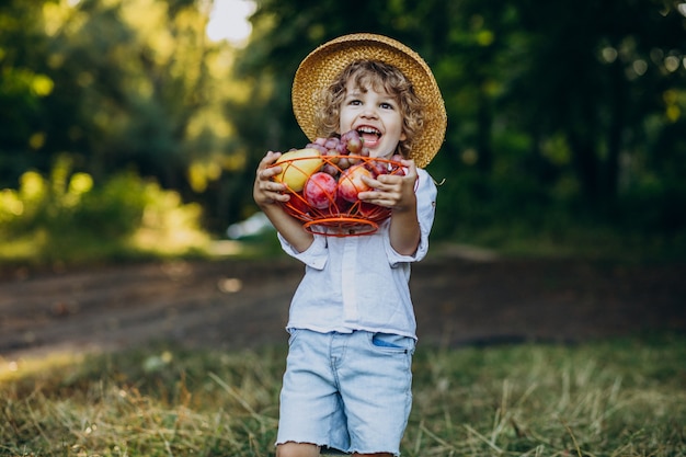 Ragazzino con l'uva nella foresta su un picnic