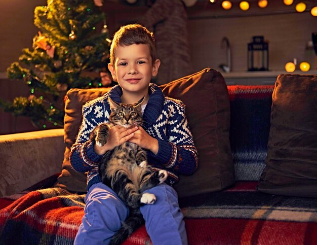 Ragazzino sveglio che gioca con un gatto in una stanza con la decorazione di festa di Natale.