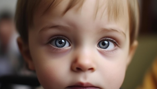 Ragazzo caucasico sveglio del bambino che sorride per l'intelligenza artificiale generativa della macchina fotografica