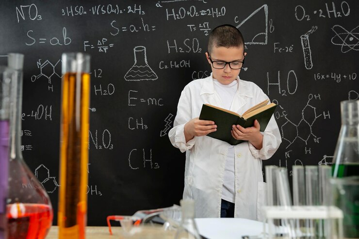 Foto gratuito ragazzo che fa esperimenti in laboratorio