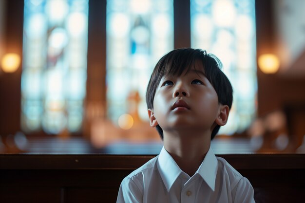 Ragazzo in chiesa che fa la sua prima cerimonia di comunione