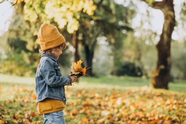 Ragazzo sveglio che gioca con le foglie nella sosta di autunno