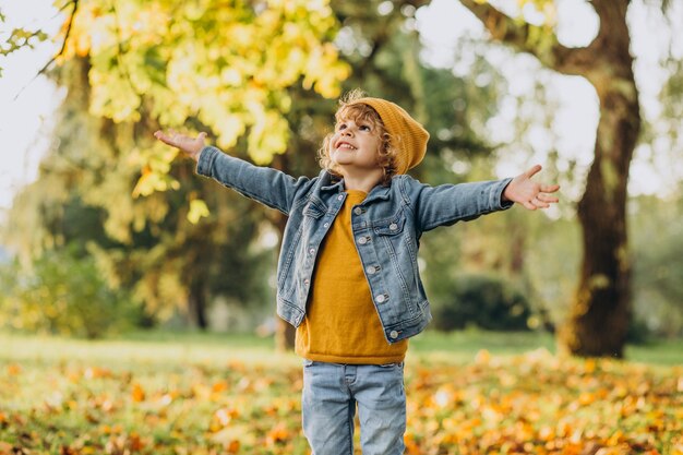 Ragazzo sveglio che gioca con le foglie nella sosta di autunno