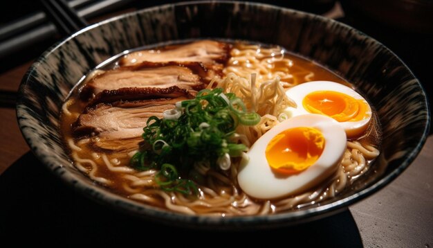 Ramen gourmet con carne di maiale e zuppa di verdure generata dall'intelligenza artificiale