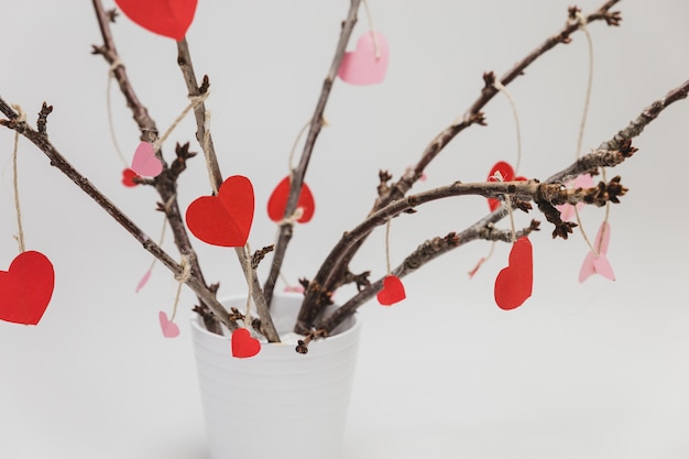 Rami di una pianta con cuori appesi
