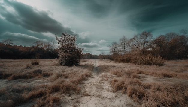 Ramo gelido sul vecchio albero contro il drammatico cielo invernale generato dall'intelligenza artificiale