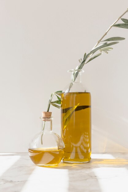 Ramoscelli di olive dentro le bottiglie di olio contro il muro