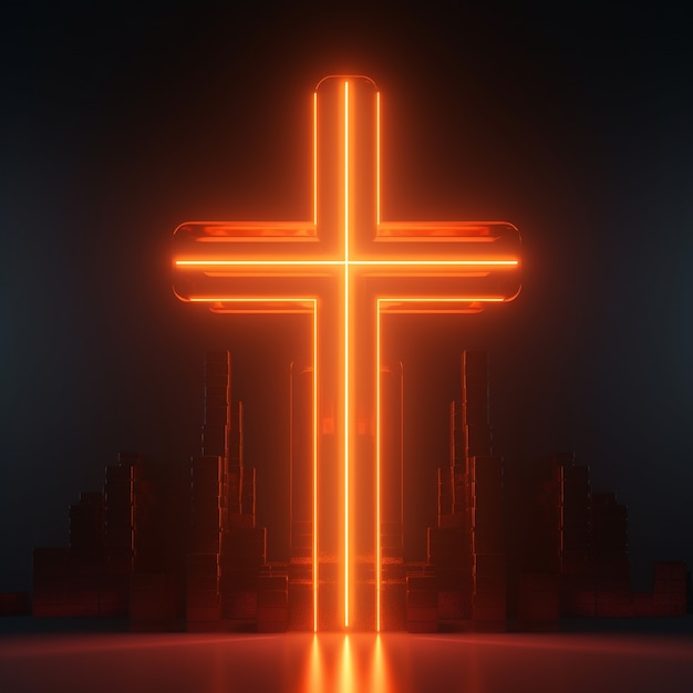 Rappresentazione 3d del simbolo della croce al neon