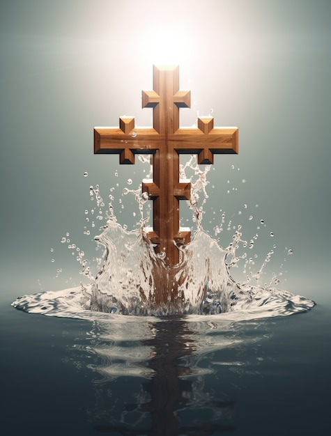 Rappresentazione 3d della croce sopra l'acqua