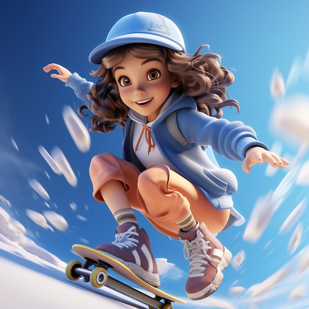 Rappresentazione 3d della ragazza sullo skateboard