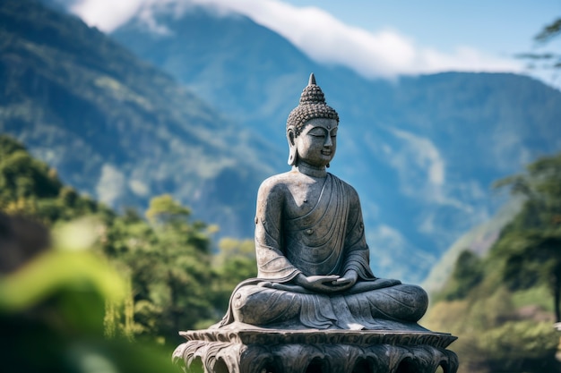 Rappresentazione 3d della statua di Buddha sopra la foresta