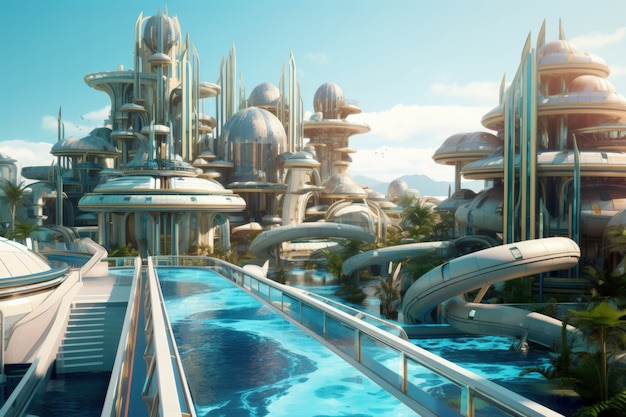 Rappresentazione futuristica di una città costruita sull'acqua