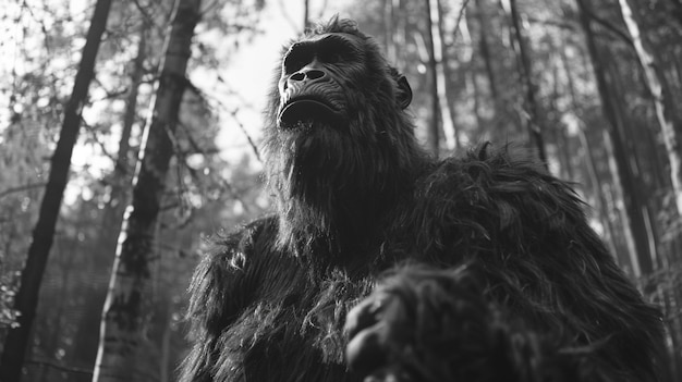 Rappresentazione in bianco e nero della bestia pelosa sasquatch