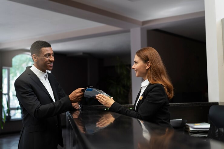 Foto gratuito receptionista in abito elegante al lavoro con un cliente