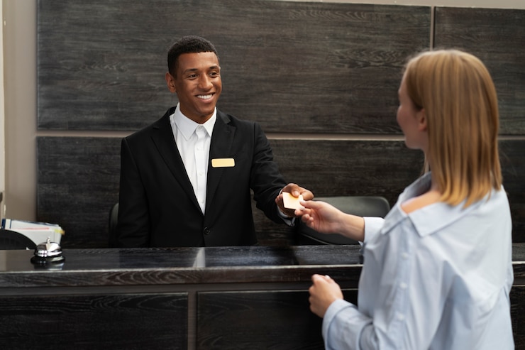 Foto gratuito receptionista in abito elegante durante le ore di lavoro con il cliente