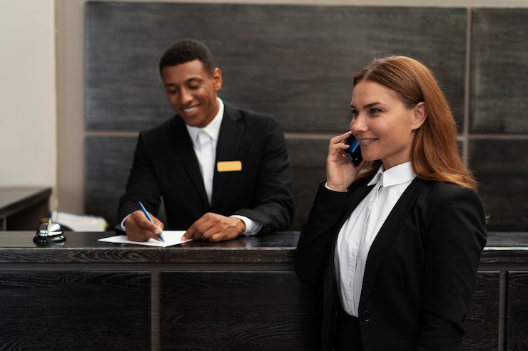 Foto gratuito receptionista in abito elegante durante le ore di lavoro con il cliente