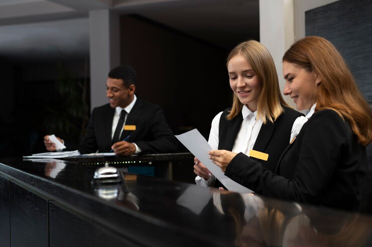 Foto gratuito receptionisti in abiti eleganti durante le ore di lavoro