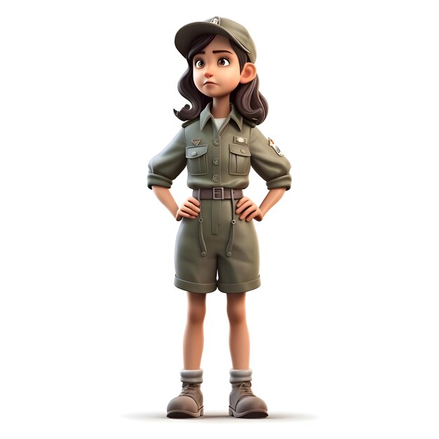 Render 3D di una ragazzina in uniforme militare con uno spazio vuoto