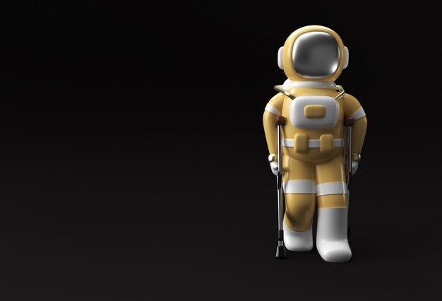 Rendering 3D Astronauta disabilitato usando le stampelle per camminare 3D Illustration Design