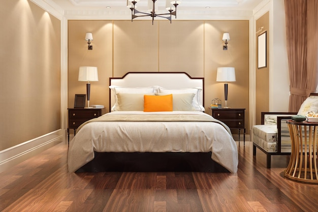 Rendering 3D bella suite da letto di lusso contemporanea in hotel con tv