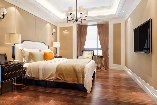 Rendering 3D bella suite da letto di lusso contemporanea in hotel con tv