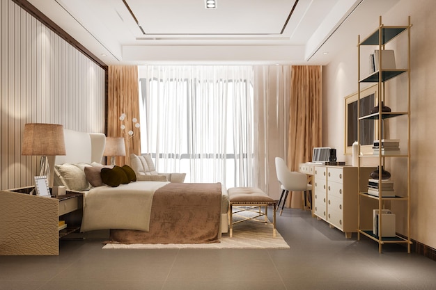 Rendering 3D bellissima suite da letto di lusso in hotel con tv e scaffale