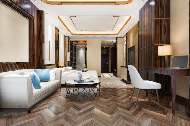 Rendering 3D bellissima suite di lusso in hotel con tv e tavolo da lavoro