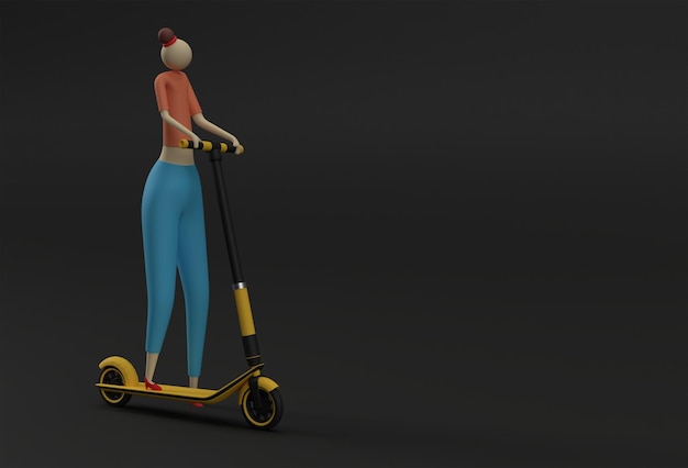 Rendering 3D Cartoon donna in sella a un motorino di spinta 3D art Design illustrazione.