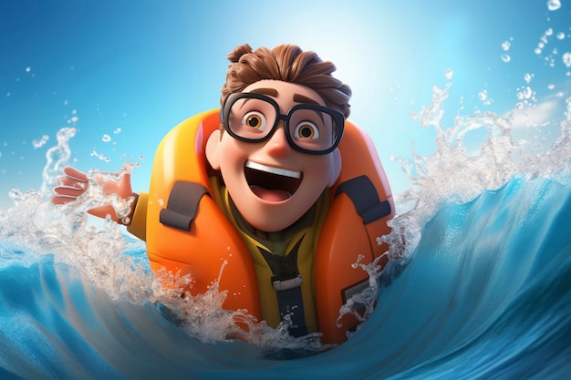 Rendering 3D del personaggio dei cartoni animati sulla spiaggia