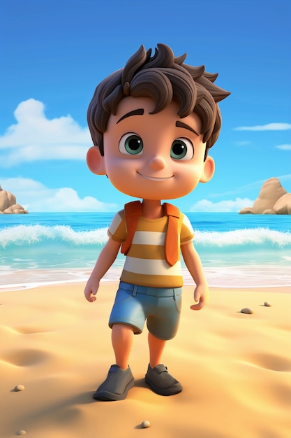 Rendering 3D del personaggio del bambino sulla spiaggia