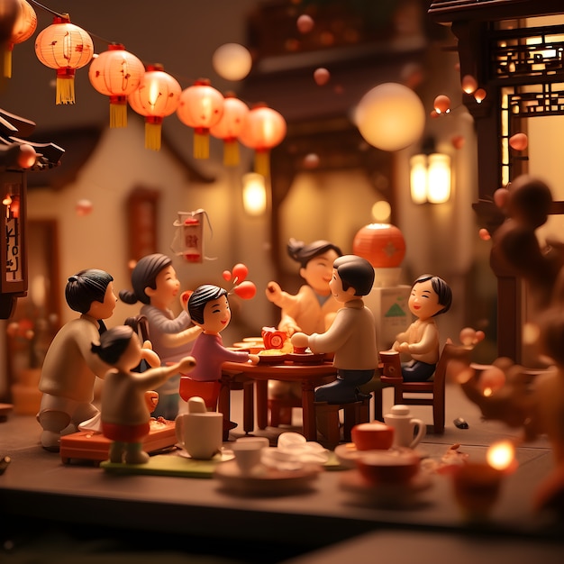 Rendering 3D della cena di riunione cinese