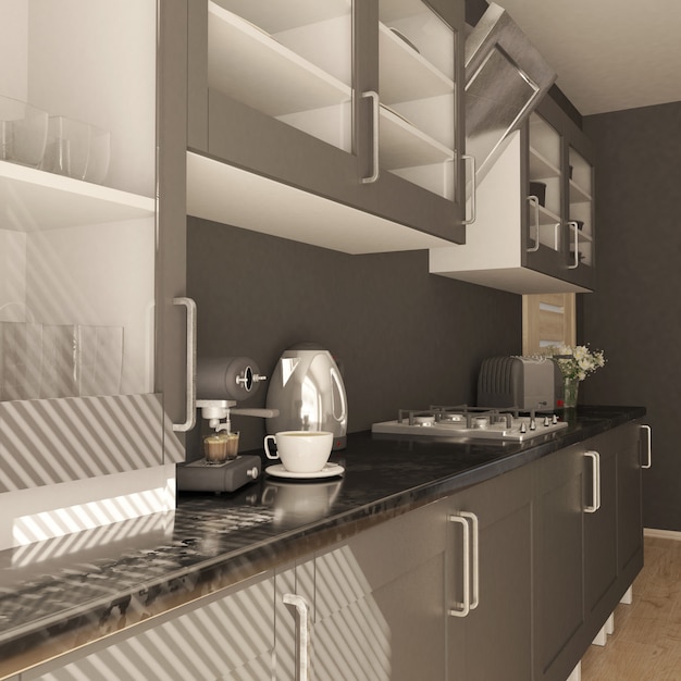 Rendering 3D della cucina contemporanea